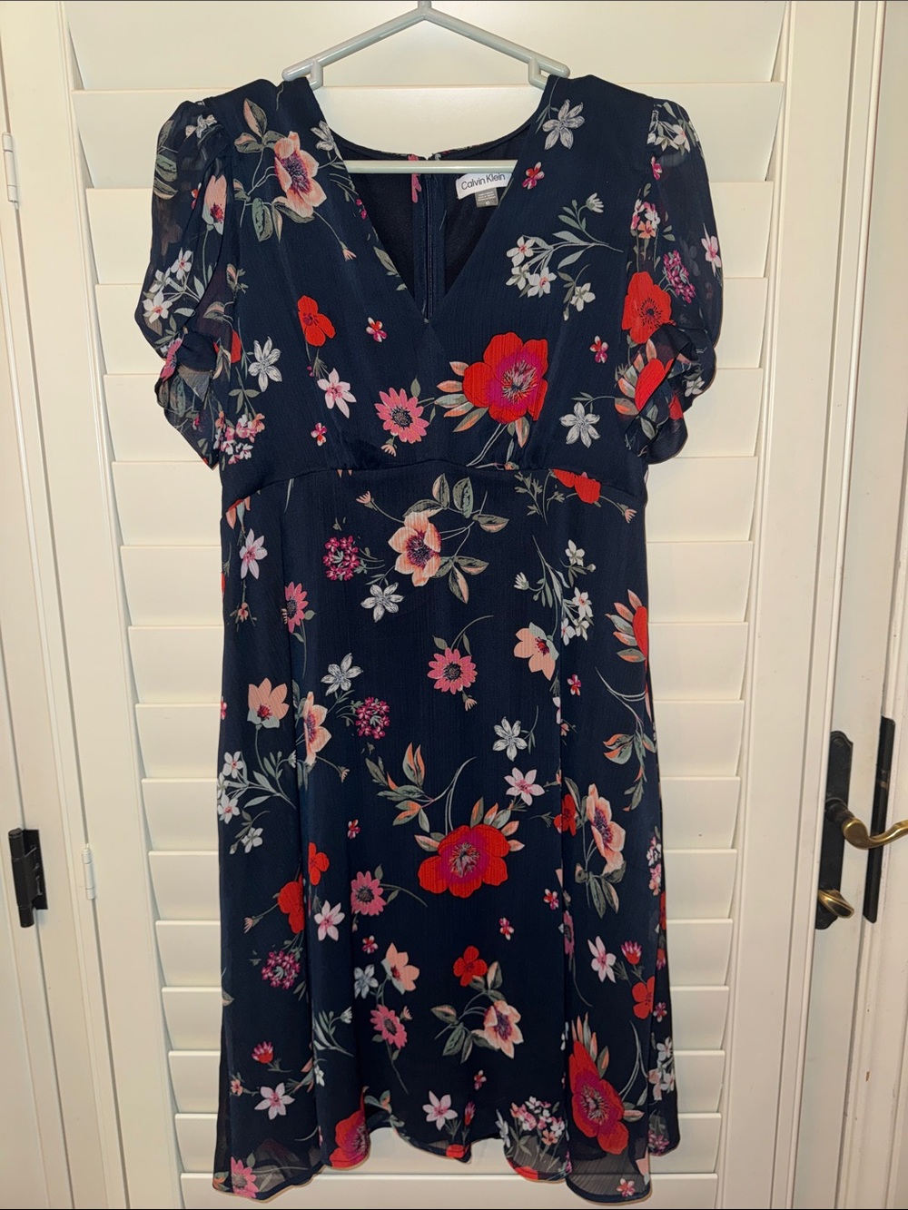 Calvin Klein Navy Floral Midi Dress with Red & Pink Blooms